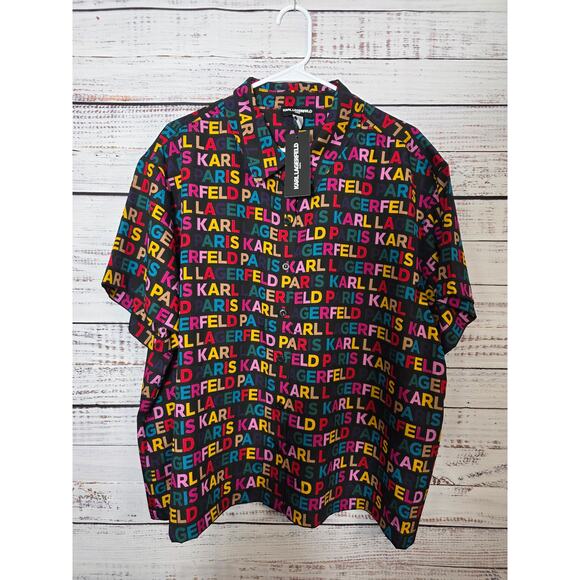 Karl Lagerfeld Women's Plus Size 2X Logo All over Long Utility Button-Front Top - Picture 1 of 5